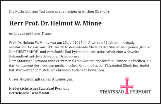 Traueranzeige von Helmut W. Minne von Deister- und Weserzeitung