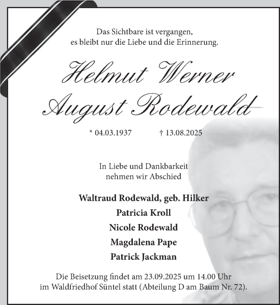 Traueranzeige von Helmut Werner August Rodewald von Deister- und Weserzeitung