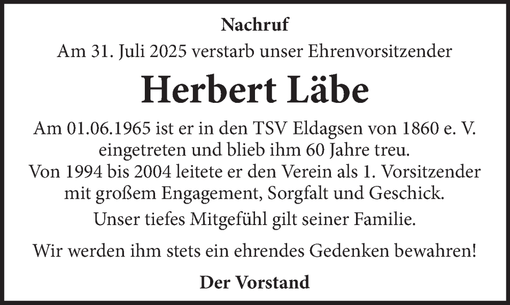  Traueranzeige für Herbert Läbe vom 06.09.2025 aus Neue Deister-Zeitung
