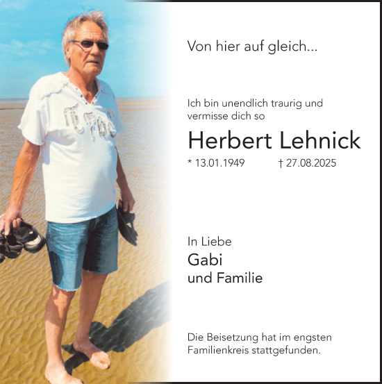 Traueranzeige von Herbert Lehnick von Deister- und Weserzeitung
