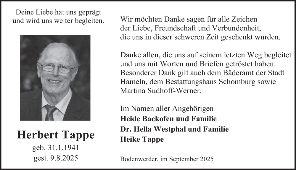  Traueranzeige für Herbert Tappe vom 20.09.2025 aus Deister- und Weserzeitung