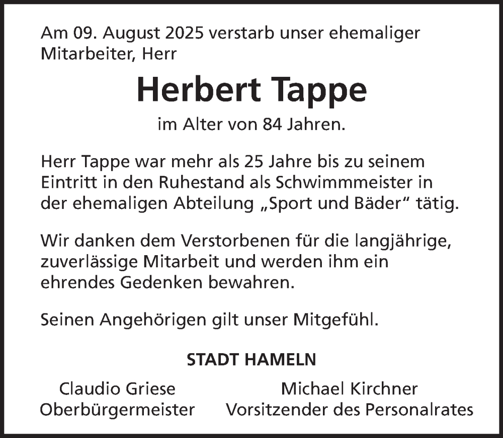  Traueranzeige für Herbert Tappe vom 03.09.2025 aus Deister- und Weserzeitung