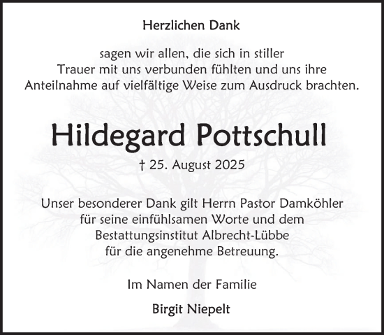 Traueranzeige von Hildegard Pottschull von Deister- und Weserzeitung