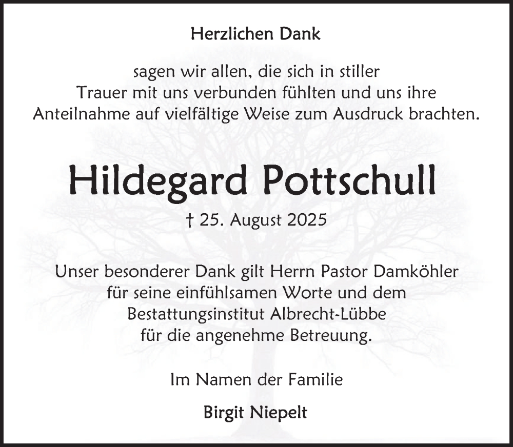  Traueranzeige für Hildegard Pottschull vom 27.09.2025 aus Deister- und Weserzeitung
