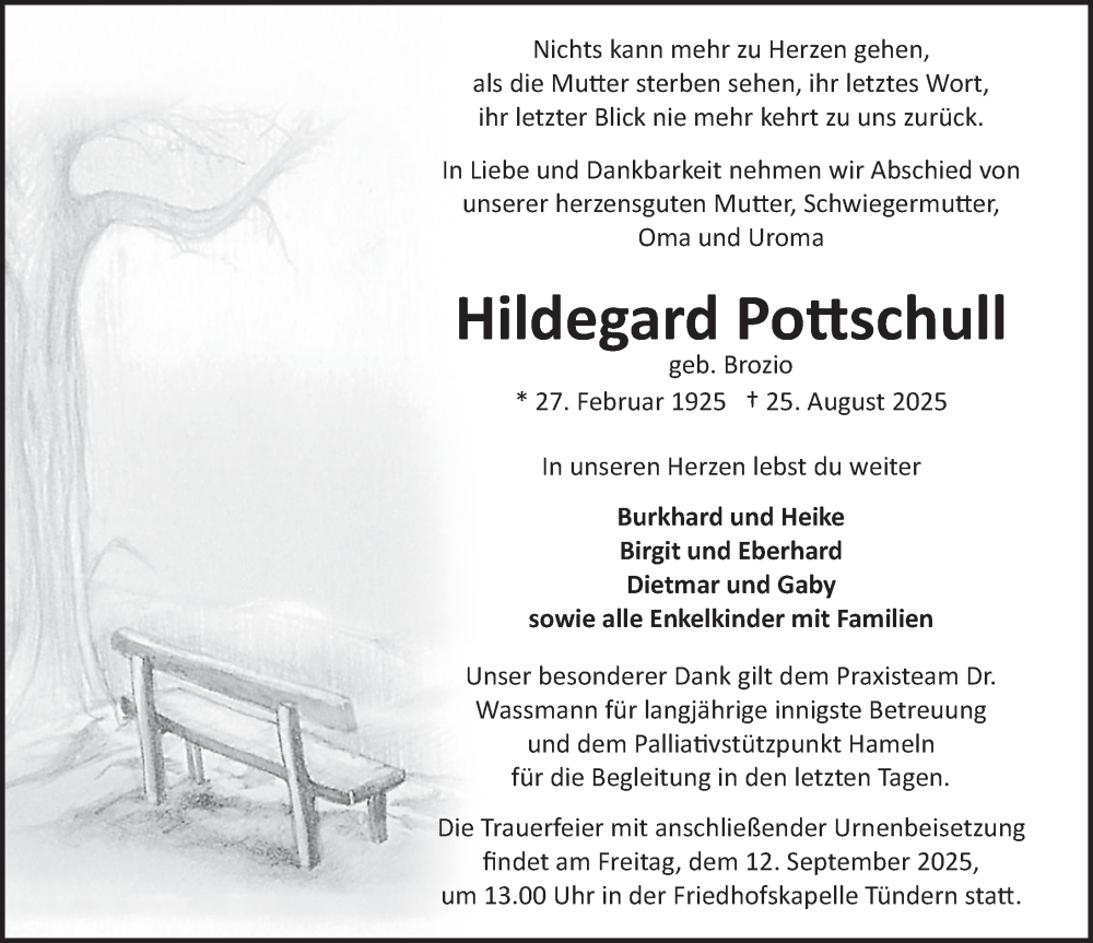  Traueranzeige für Hildegard Pottschull vom 06.09.2025 aus Deister- und Weserzeitung