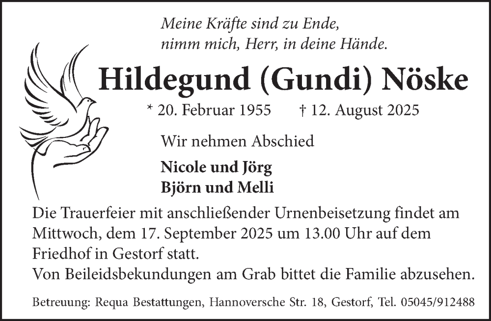  Traueranzeige für Hildegund Nöske vom 06.09.2025 aus Neue Deister-Zeitung