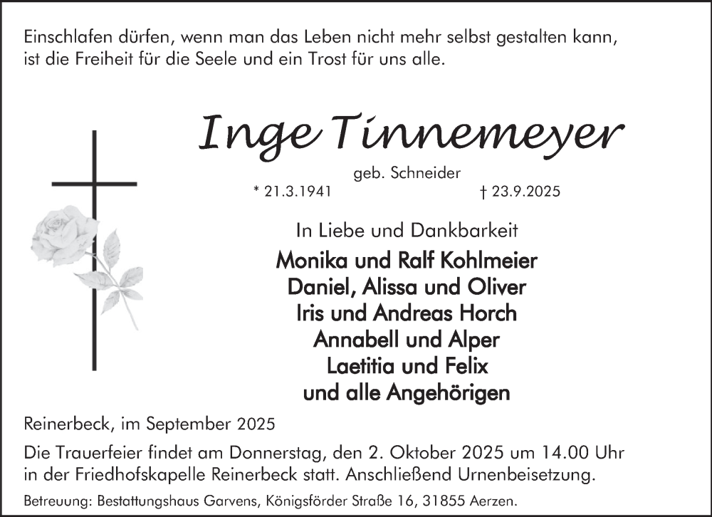  Traueranzeige für Inge Tinnemeyer vom 27.09.2025 aus Deister- und Weserzeitung