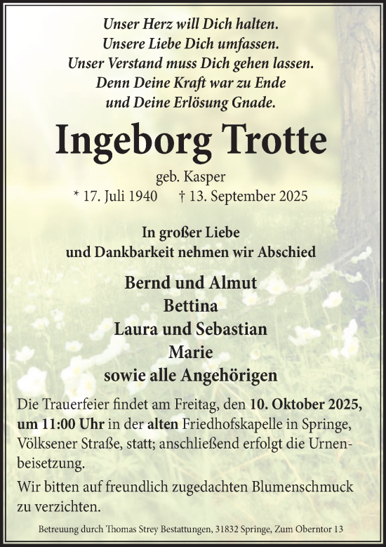 Traueranzeige von Ingeborg Trotte von Neue Deister-Zeitung