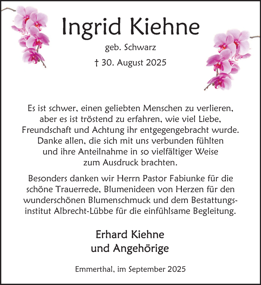  Traueranzeige für Ingrid Kiehne vom 27.09.2025 aus Deister- und Weserzeitung