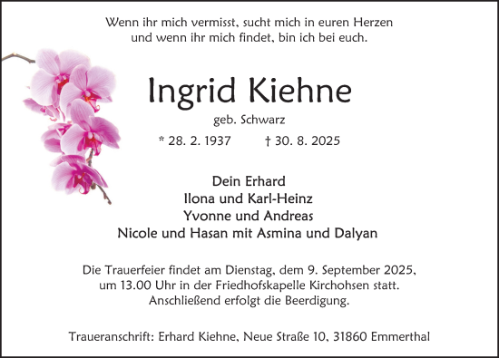 Traueranzeige von Ingrid Kiehne von Deister- und Weserzeitung