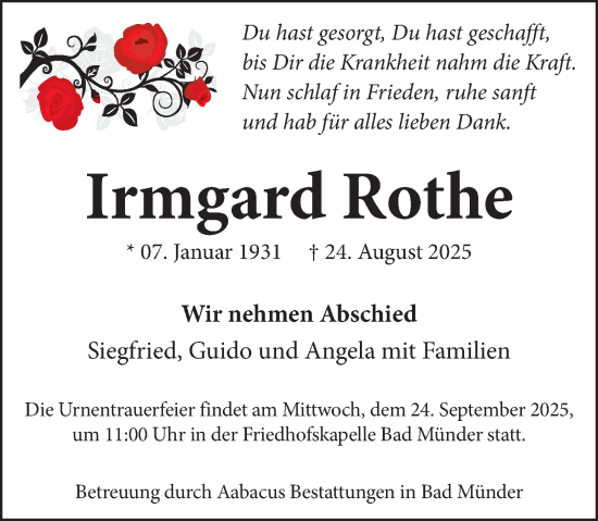 Traueranzeige von Irmgard Rothe von Neue Deister-Zeitung