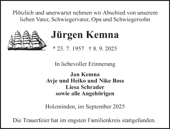 Traueranzeige von Jürgen Kemna von Deister- und Weserzeitung