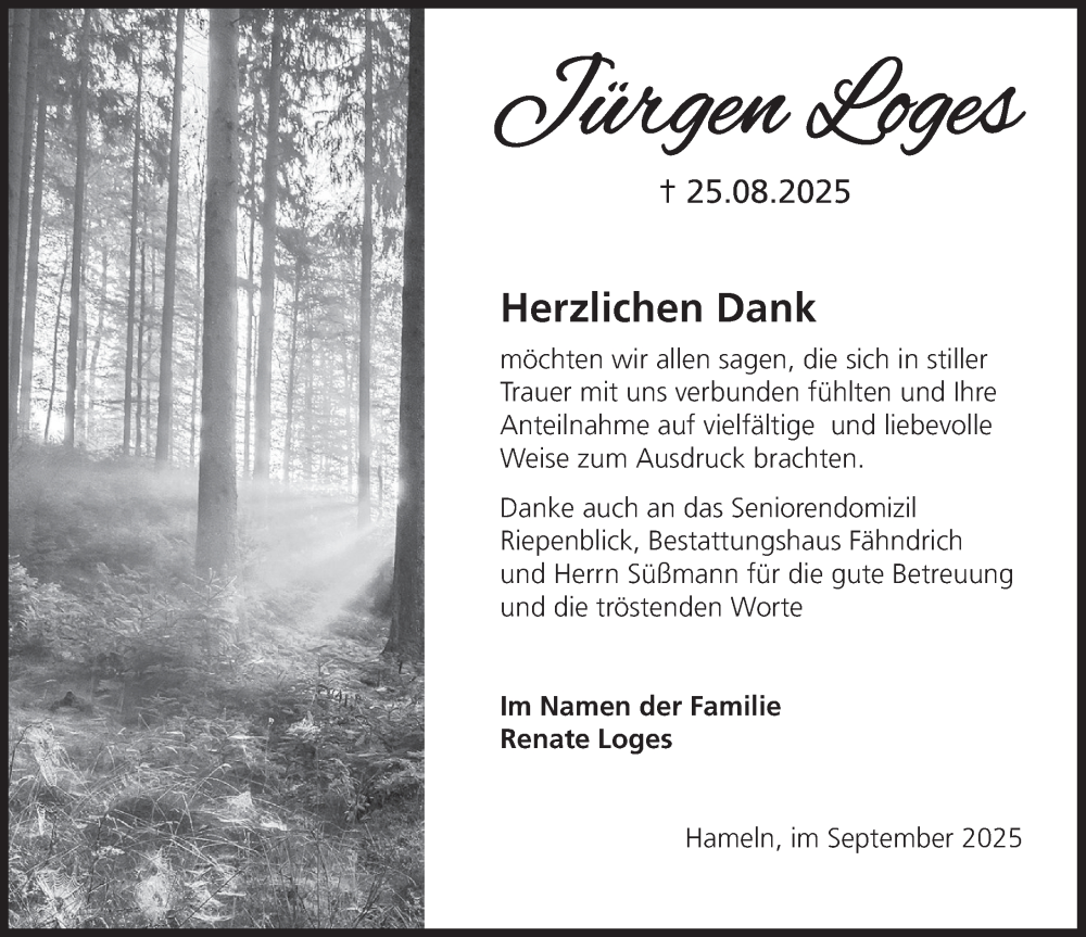  Traueranzeige für Jürgen Loges vom 27.09.2025 aus Deister- und Weserzeitung