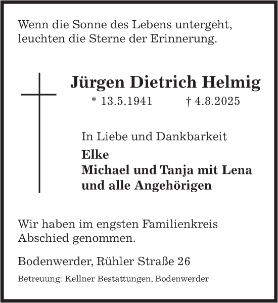 Traueranzeige von Jürgen Dietrich Helmig von Deister- und Weserzeitung