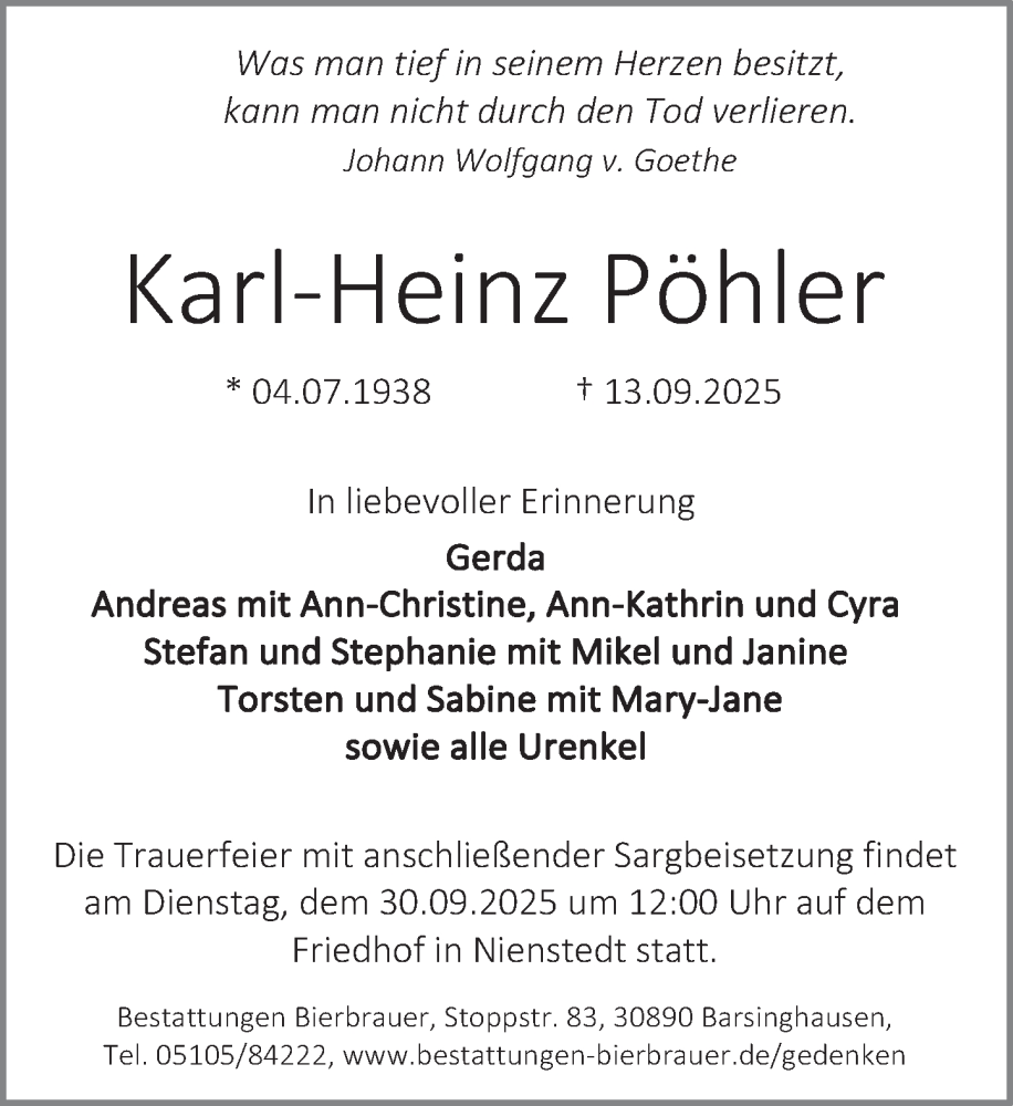  Traueranzeige für Karl-Heinz Pöhler vom 20.09.2025 aus Neue Deister-Zeitung