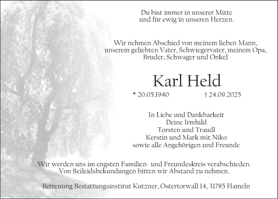 Traueranzeige von Karl Held von Deister- und Weserzeitung