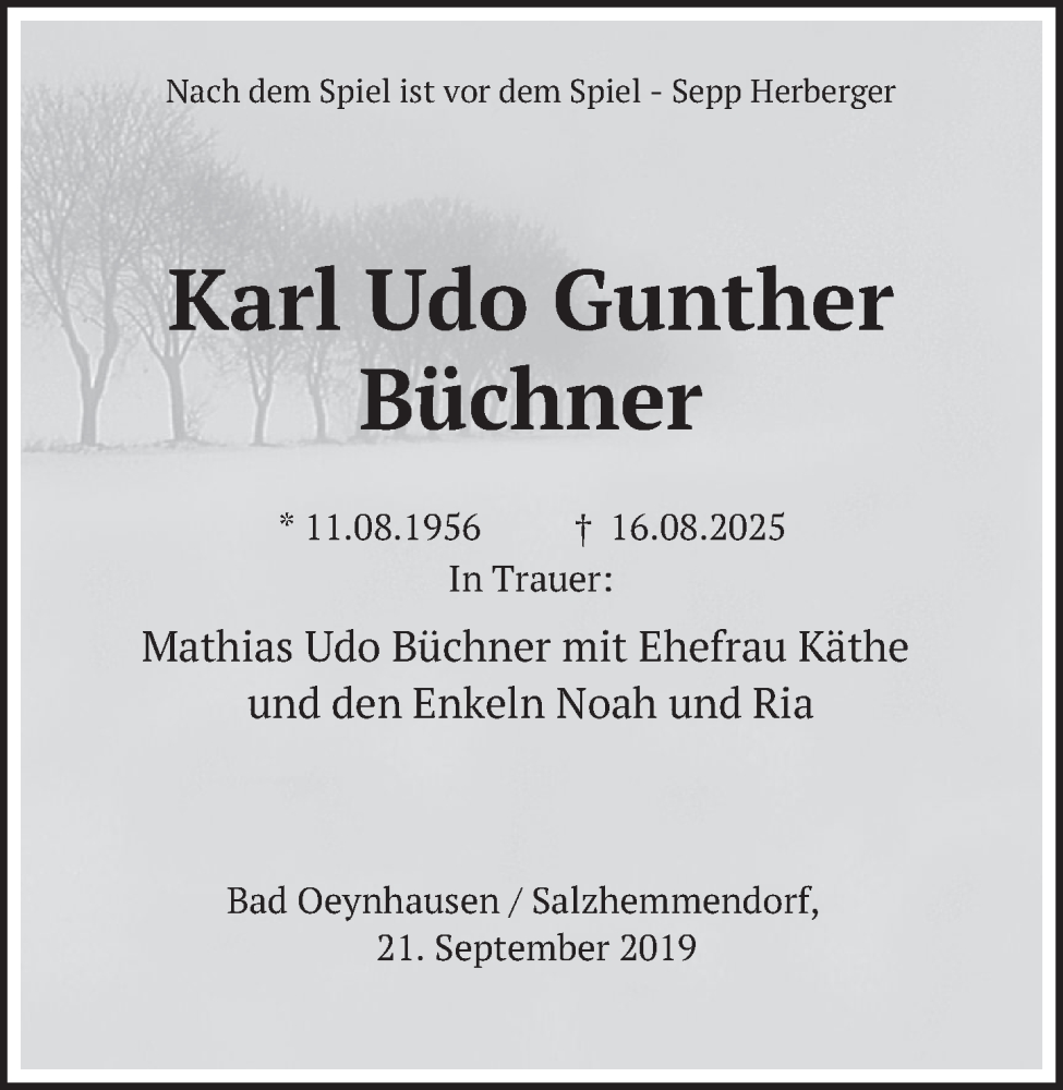  Traueranzeige für Karl Udo Gunther Büchner vom 09.09.2025 aus Deister- und Weserzeitung