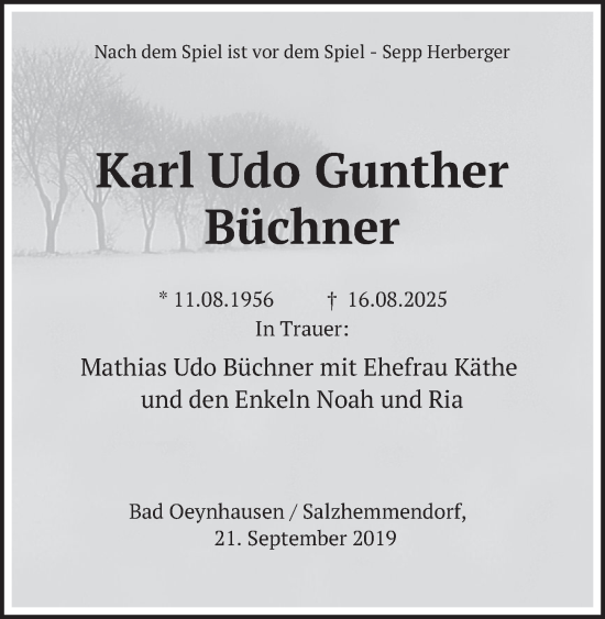 Traueranzeige von Karl Udo Gunther Büchner von Deister- und Weserzeitung