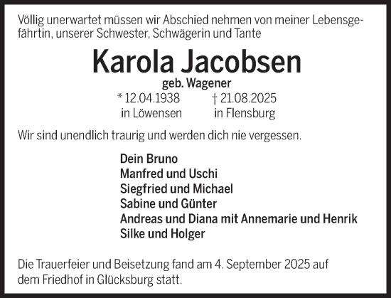 Traueranzeige von Karola Jacobsen von Deister- und Weserzeitung