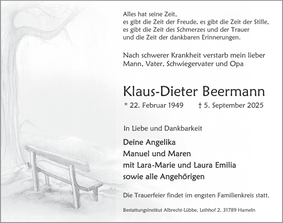 Traueranzeige von Klaus-Dieter Beermann von Deister- und Weserzeitung