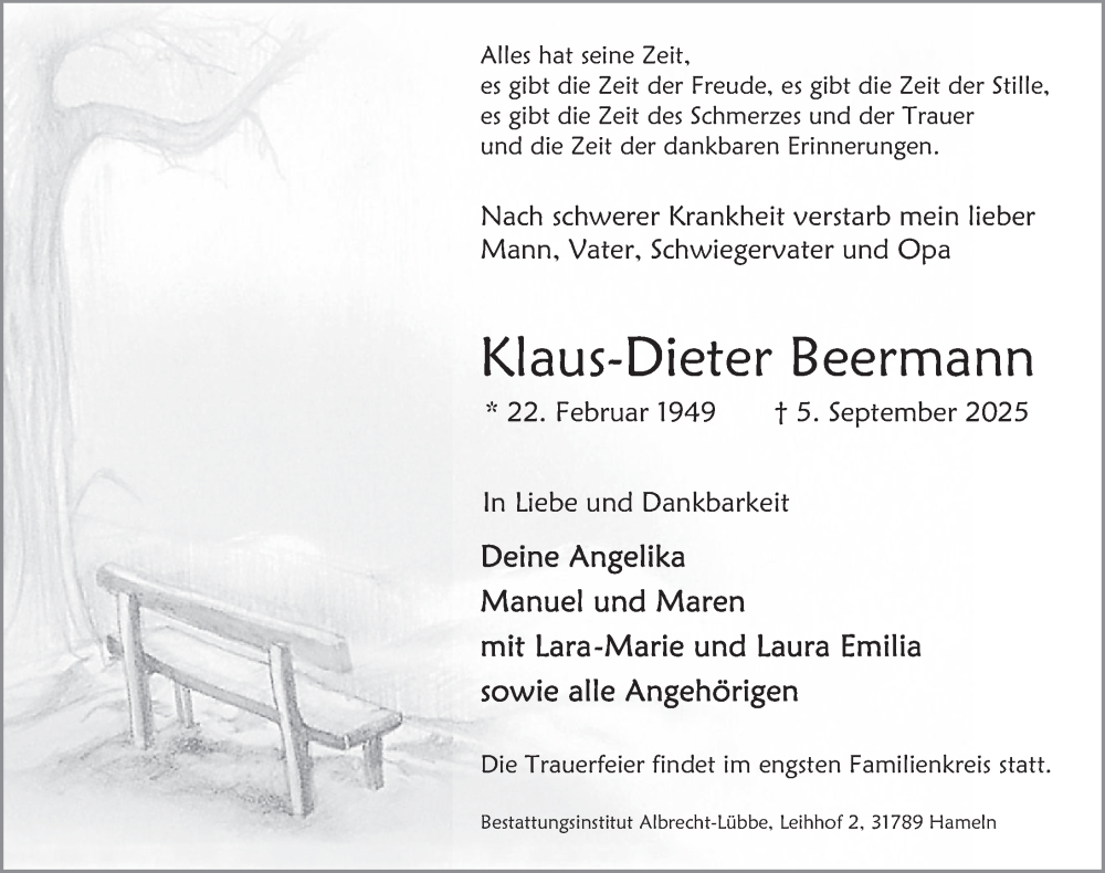  Traueranzeige für Klaus-Dieter Beermann vom 17.09.2025 aus Deister- und Weserzeitung