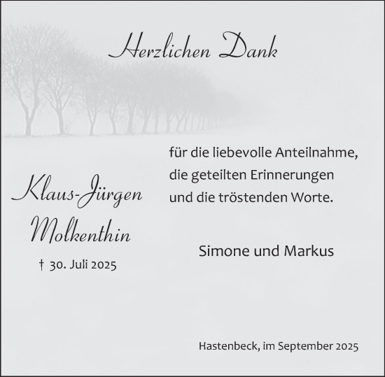 Traueranzeige von Klaus-Jürgen Molkenthin von Deister- und Weserzeitung