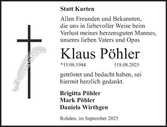 Traueranzeige von Klaus Pöhler von Deister- und Weserzeitung