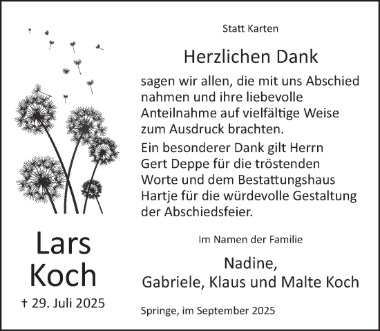 Traueranzeige von Lars Koch von Neue Deister-Zeitung