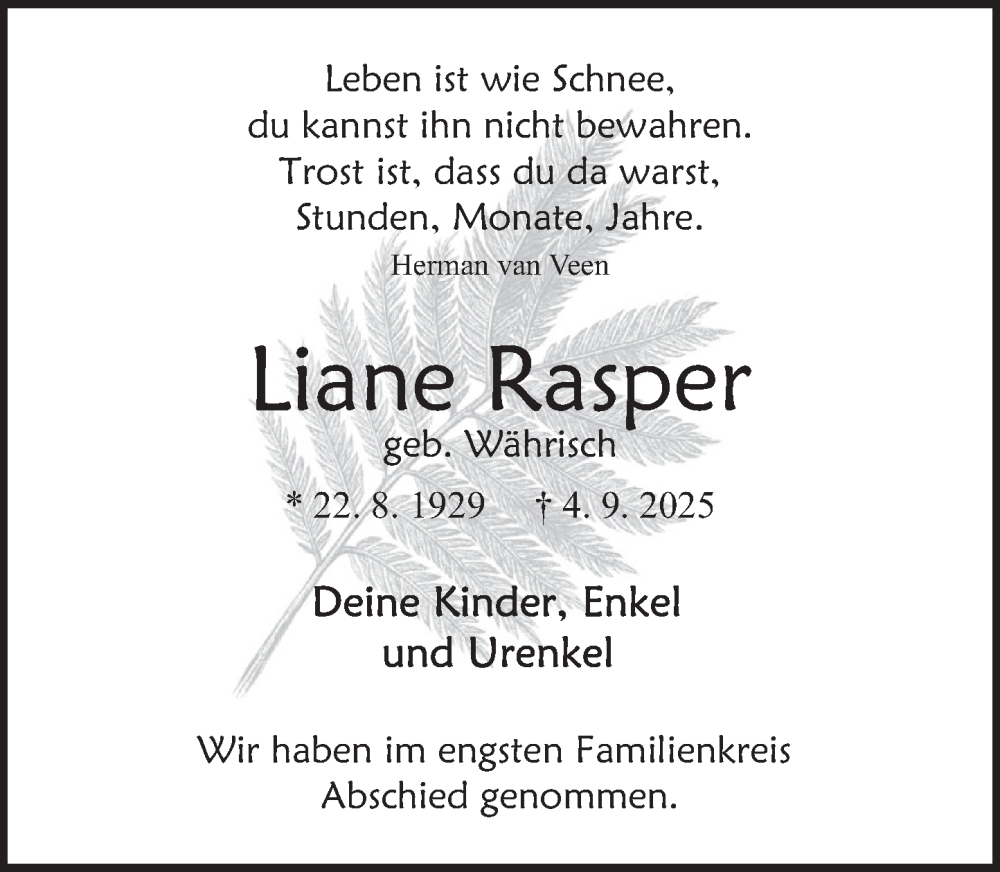  Traueranzeige für Liane Rasper vom 20.09.2025 aus Deister- und Weserzeitung