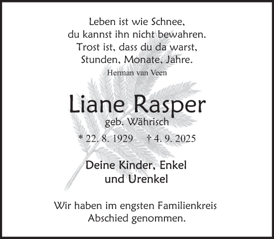 Traueranzeige von Liane Rasper von Deister- und Weserzeitung