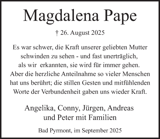 Traueranzeige von Magdalena Pape von Deister- und Weserzeitung