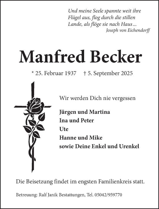 Traueranzeige von Manfred Becker von Neue Deister-Zeitung