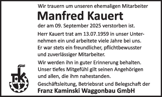Traueranzeige von Manfred Kauert von Deister- und Weserzeitung