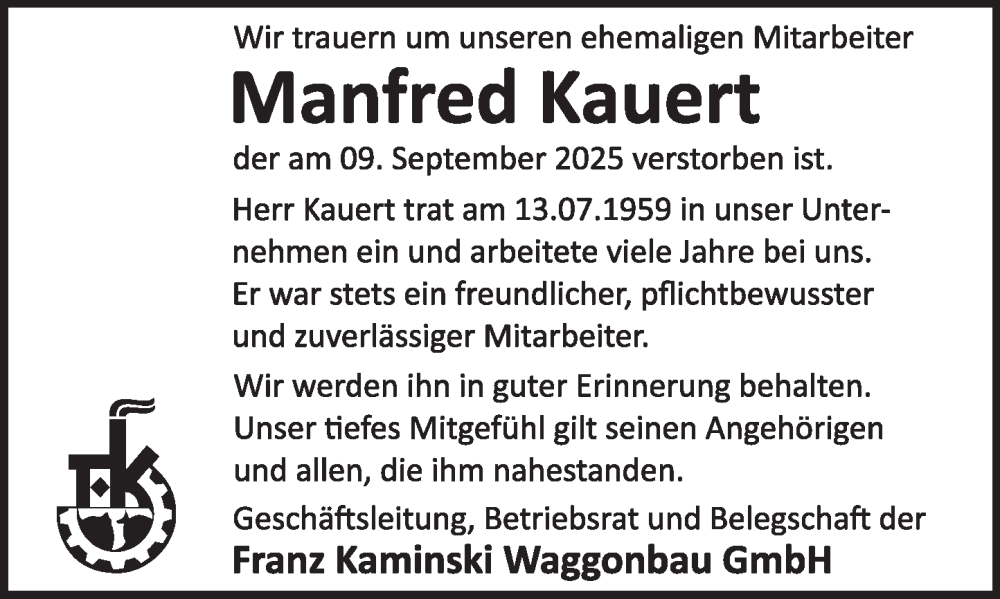  Traueranzeige für Manfred Kauert vom 20.09.2025 aus Deister- und Weserzeitung