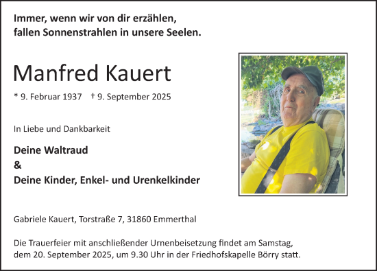 Traueranzeige von Manfred Kauert von Deister- und Weserzeitung