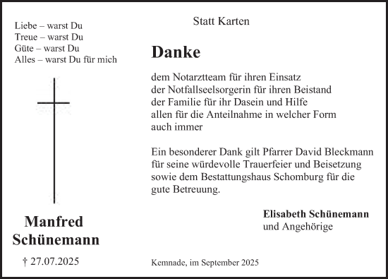 Traueranzeige von Manfred Schünemann von Deister- und Weserzeitung