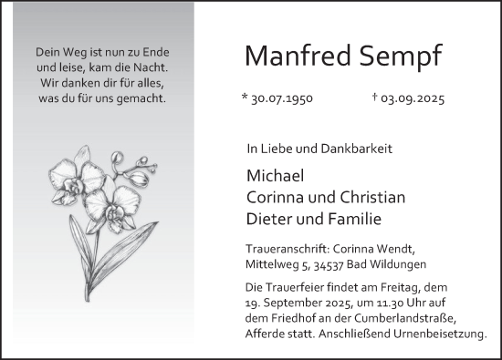 Traueranzeige von Manfred Sempf von Deister- und Weserzeitung