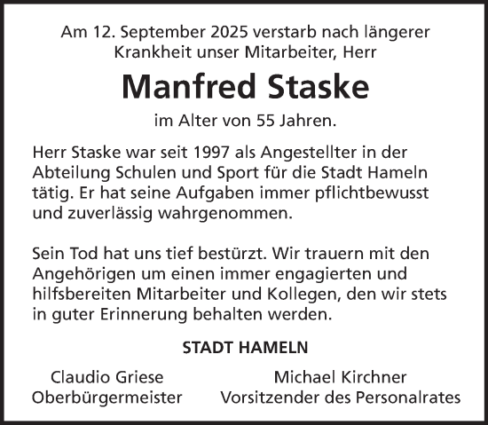 Traueranzeige von Manfred Staske von Deister- und Weserzeitung