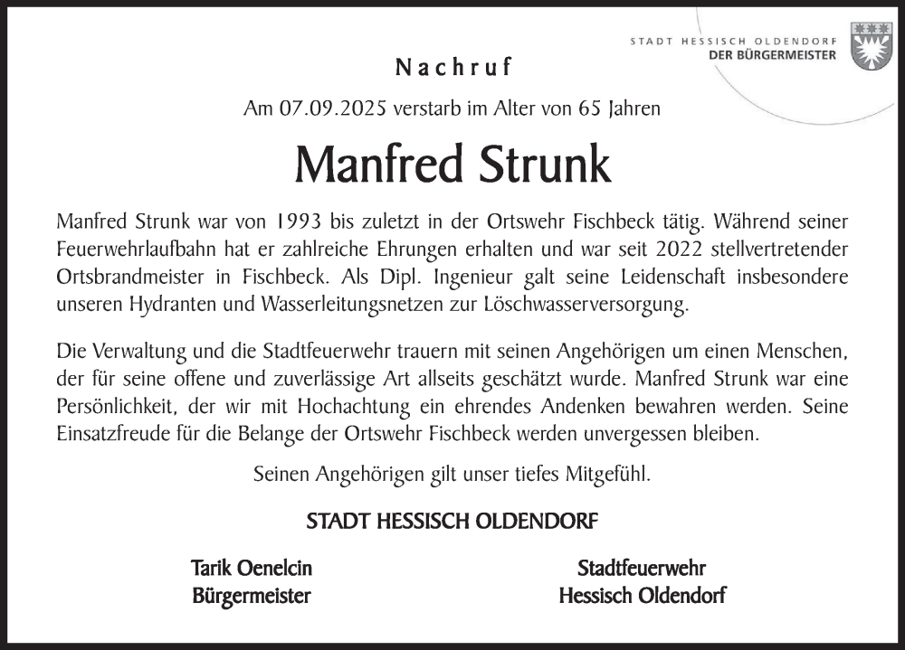  Traueranzeige für Manfred Strunk vom 13.09.2025 aus Deister- und Weserzeitung
