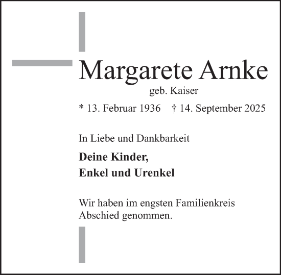 Traueranzeige von Margarete Arnke von Deister- und Weserzeitung
