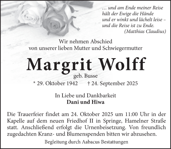 Traueranzeige von Margrit Wolff von Neue Deister-Zeitung
