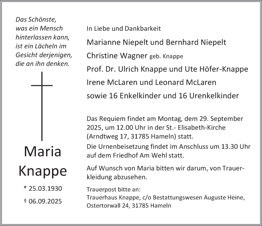  Traueranzeige für Maria Knappe vom 13.09.2025 aus Deister- und Weserzeitung
