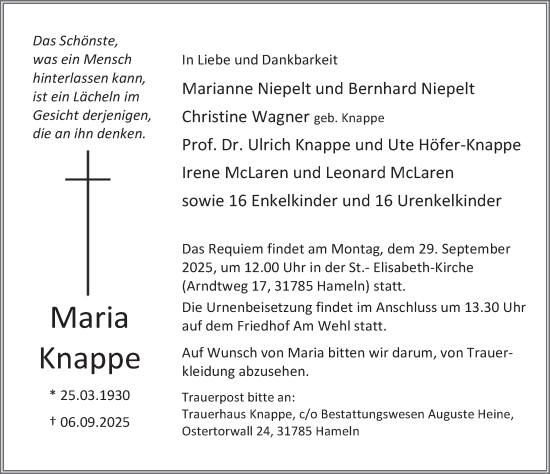 Traueranzeige von Maria Knappe von Deister- und Weserzeitung