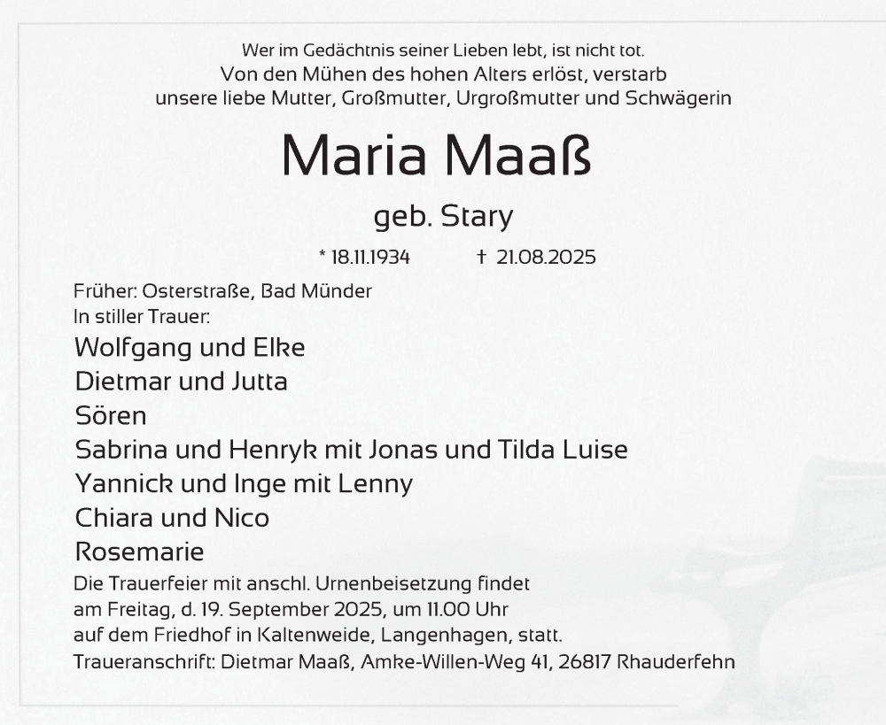  Traueranzeige für Maria Maaß vom 17.09.2025 aus Neue Deister-Zeitung