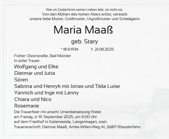 Traueranzeige von Maria Maaß von Neue Deister-Zeitung