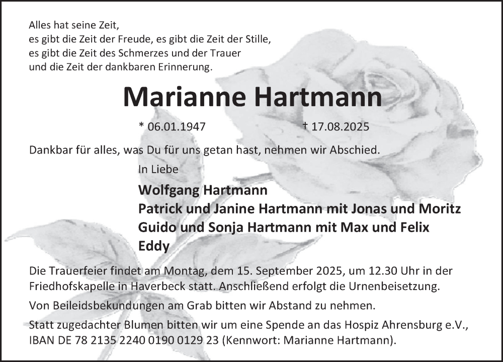  Traueranzeige für Marianne Hartmann vom 06.09.2025 aus Deister- und Weserzeitung