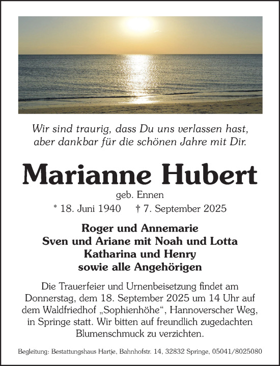 Traueranzeige von Marianne Hubert von Neue Deister-Zeitung
