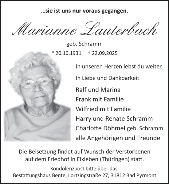 Traueranzeige von Marianne Lauterbach von Deister- und Weserzeitung
