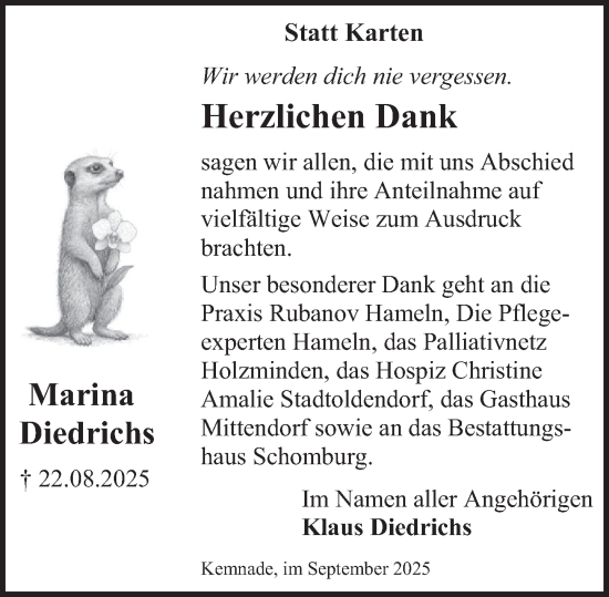 Traueranzeige von Marina Diedrichs von Deister- und Weserzeitung