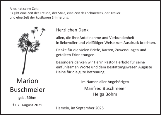 Traueranzeige von Marion Buschmeier von Deister- und Weserzeitung